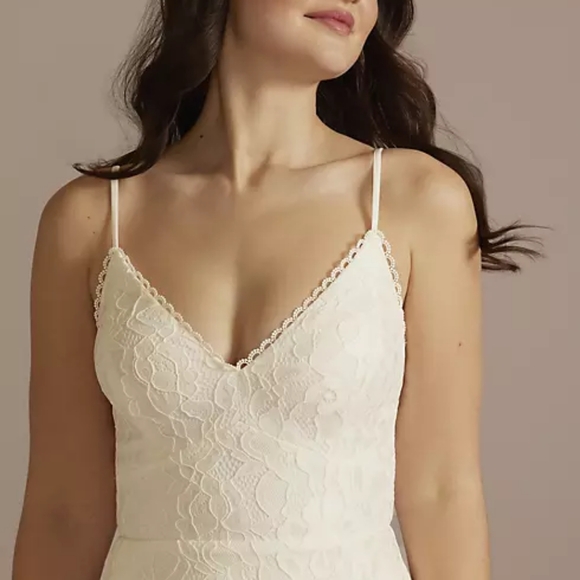 High-low Lace Spaghetti Strap V-neck Wedding Dress - Picture 2 of 13